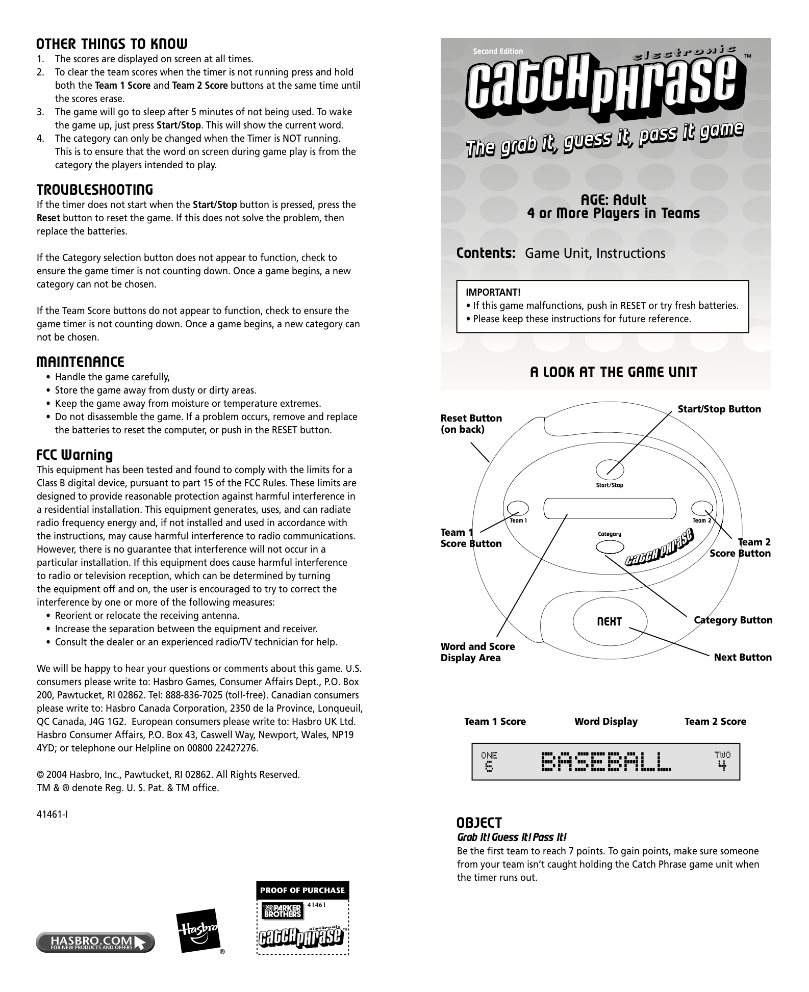 A scanned copy of the original rules that came with Catch Phrase by Hasbro. Front side.