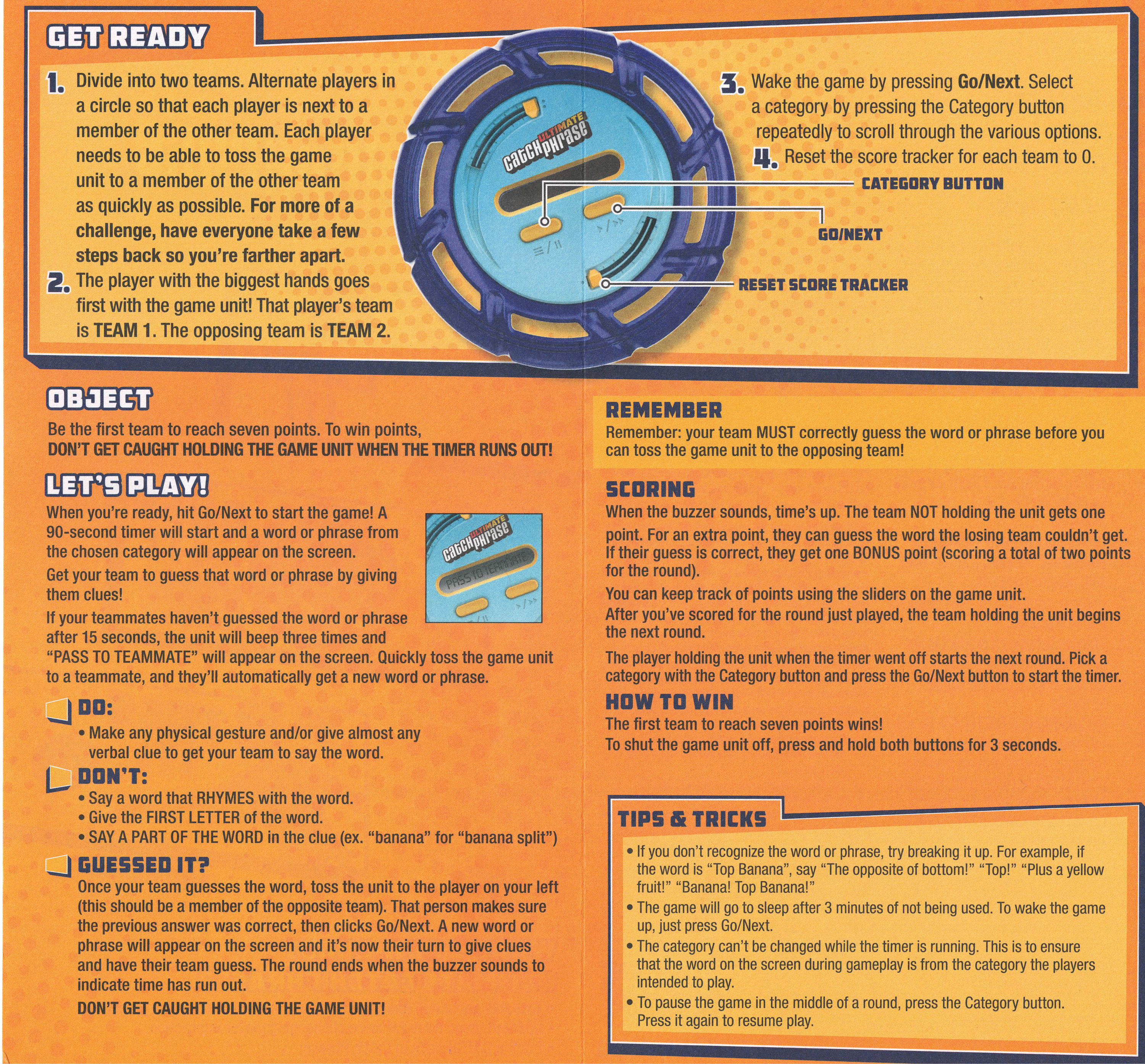 A scanned copy of the original rules that came with Ultimate Catch Phrase by Hasbro. Back side.