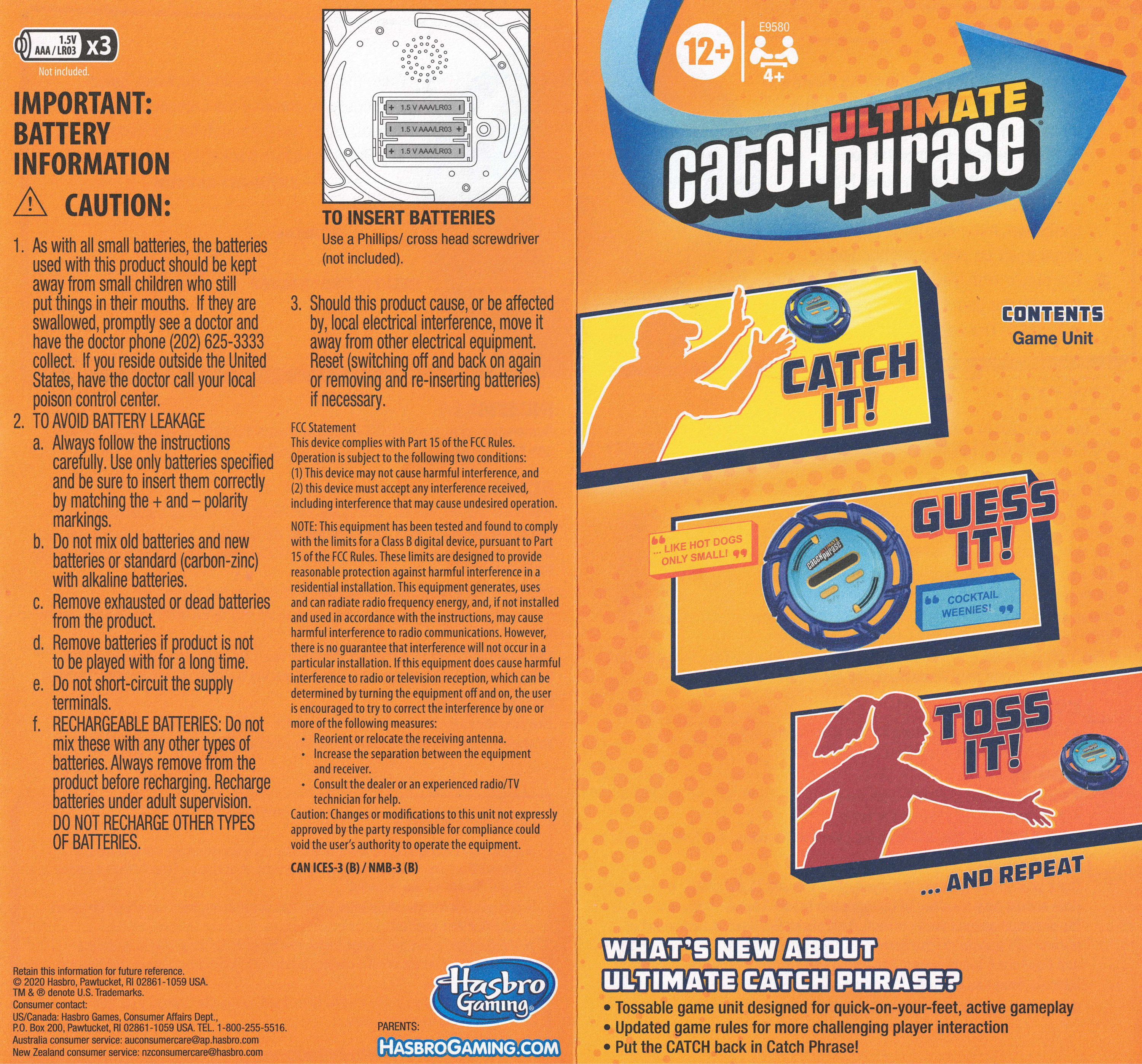 A scanned copy of the original rules that came with Ultimate Catch Phrase by Hasbro. Front side.