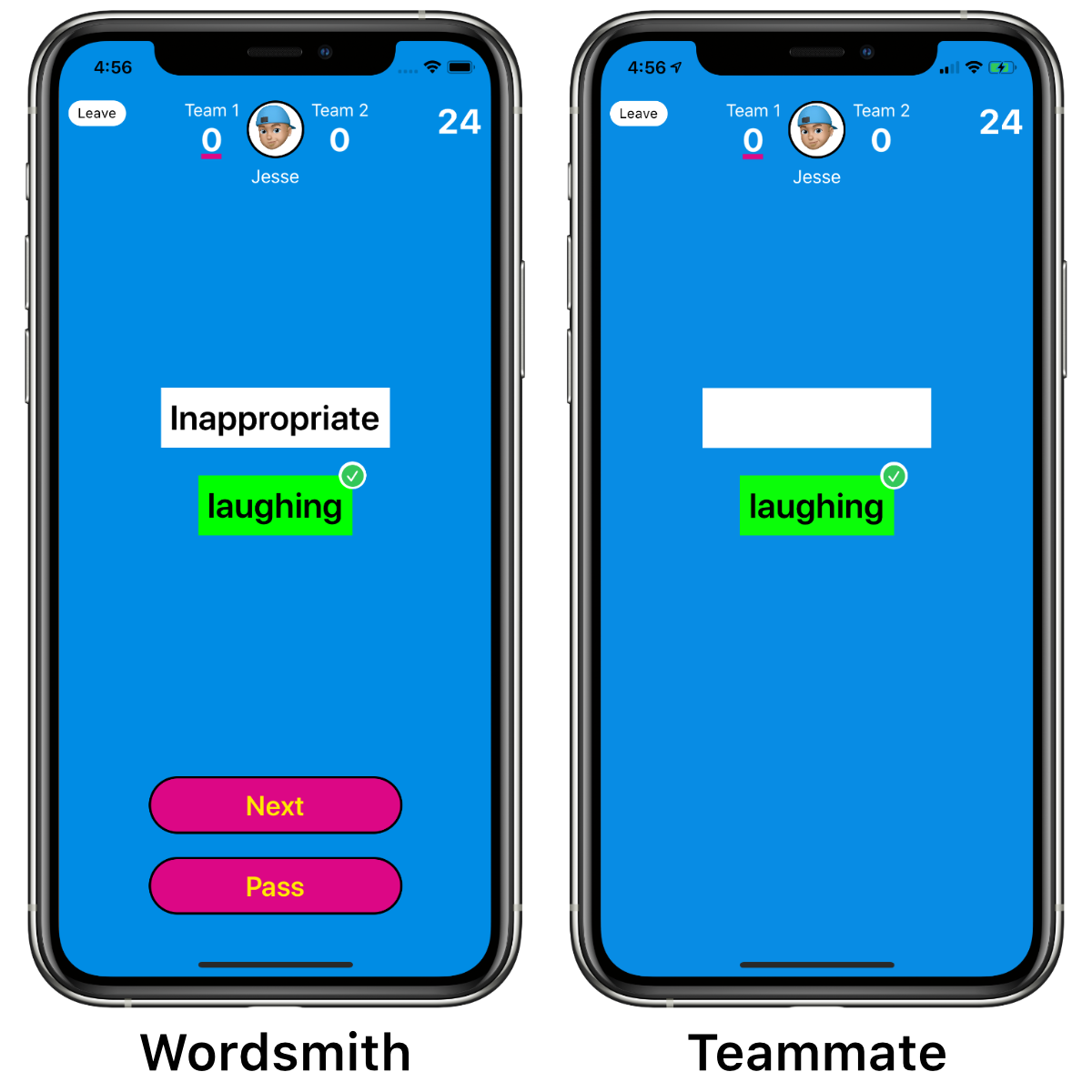 Two iPhone 11s. A game of Other Words is in progress. Jesse is the wordsmith and the phrase is Inappropriate Laughing. The word laughing has been guessed correctly by his teammate, Alex.